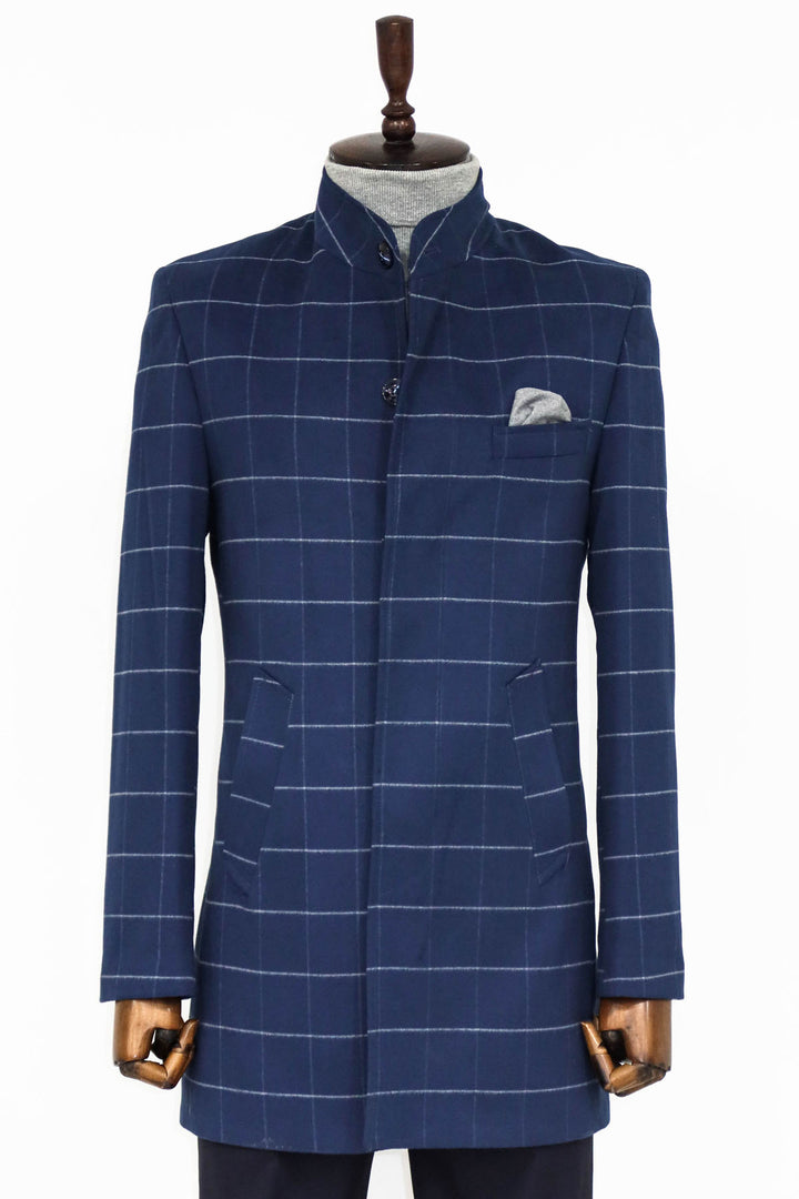 Cappotto da uomo blu scozzese con colletto in piedi - Wessi