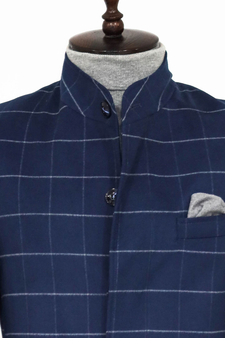 Cappotto da uomo blu scozzese con colletto in piedi - Wessi