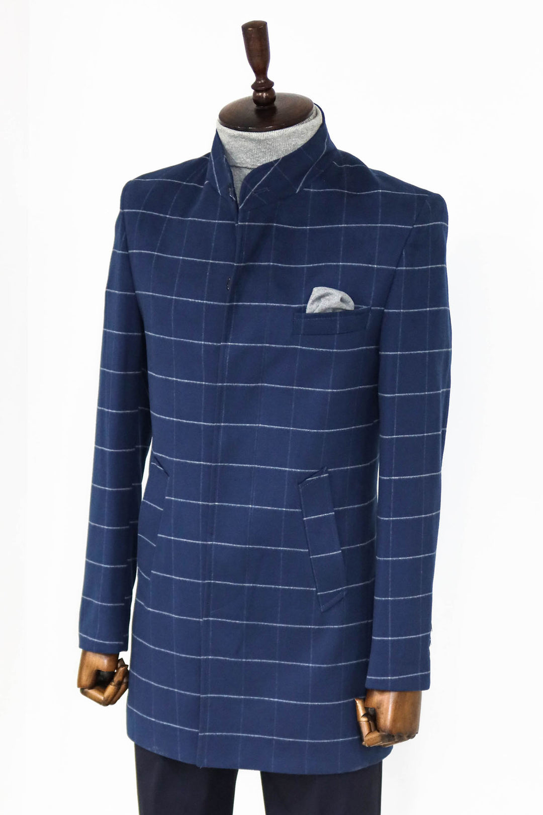 Cappotto da uomo blu scozzese con colletto in piedi - Wessi