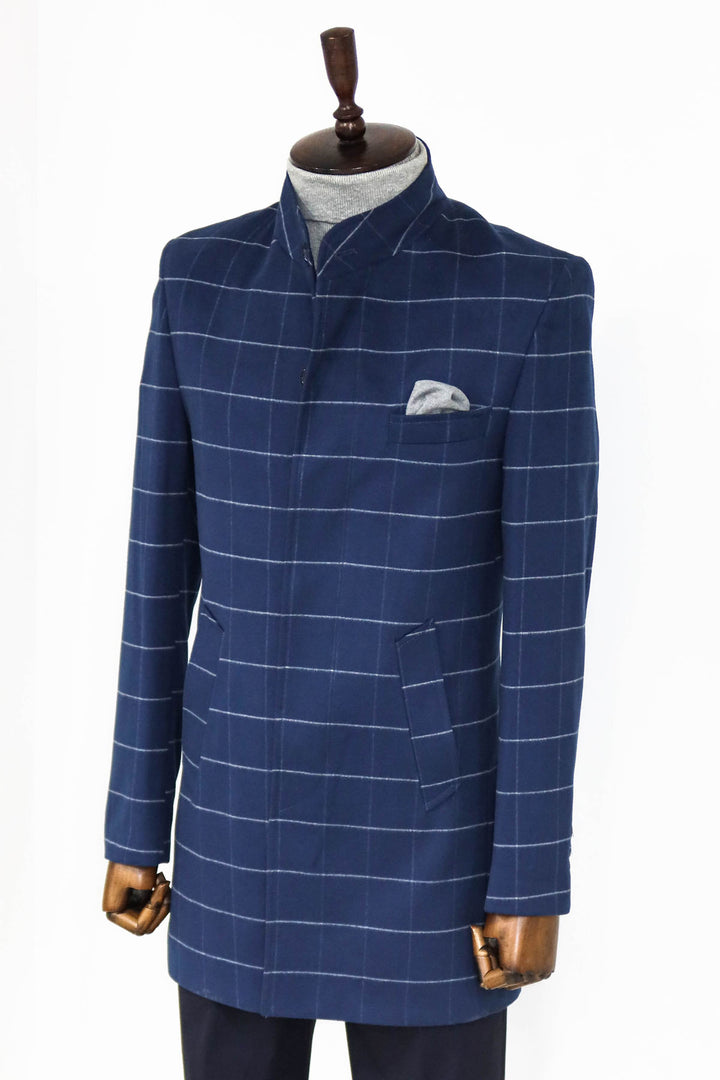 Cappotto da uomo blu scozzese con colletto in piedi - Wessi