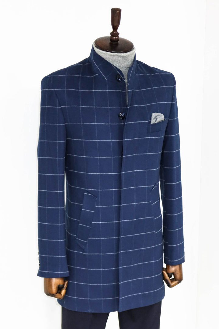 Cappotto da uomo blu scozzese con colletto in piedi - Wessi