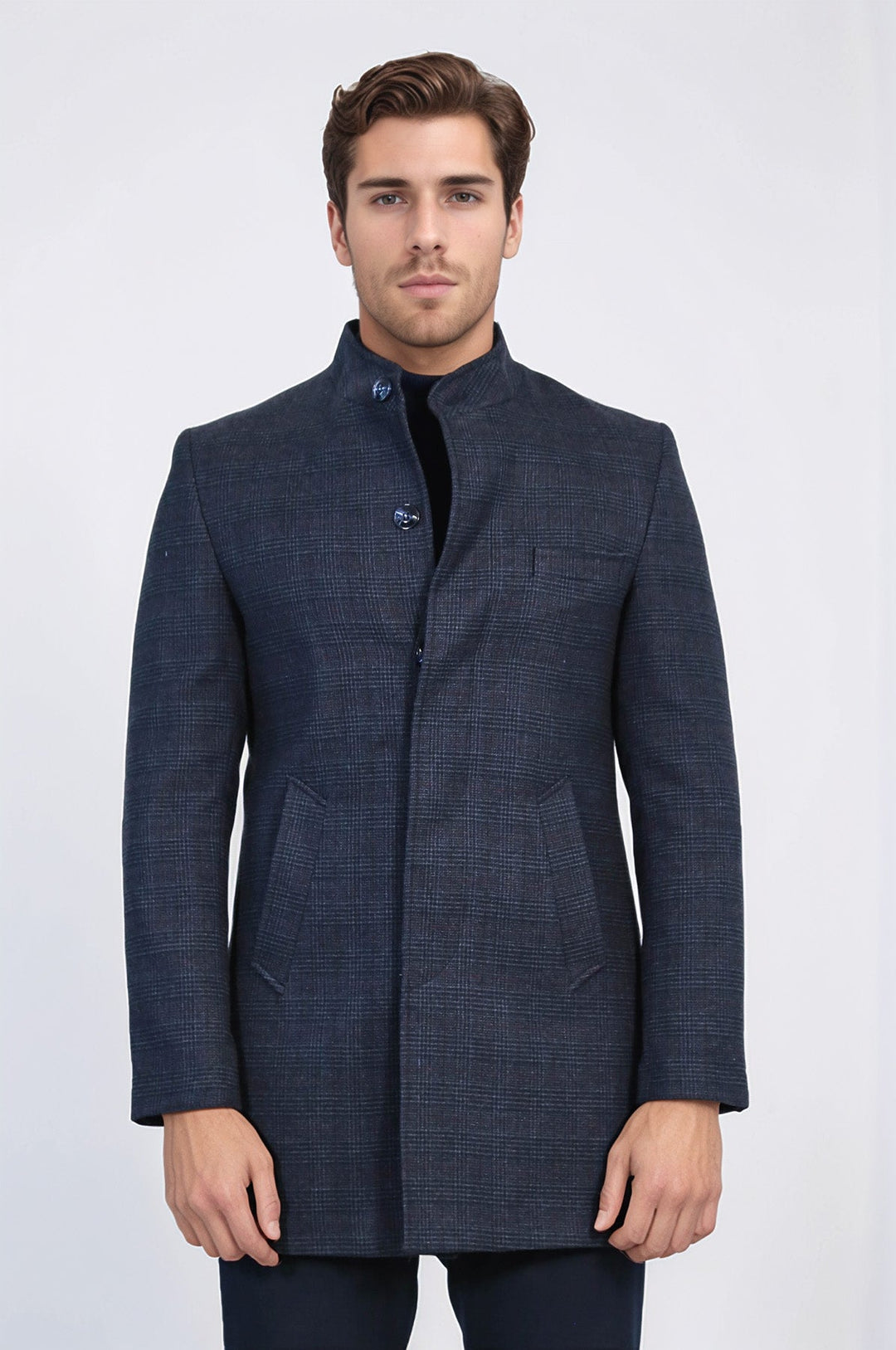 Standing Collar Checked Navy Blue Men Coat - Wessi