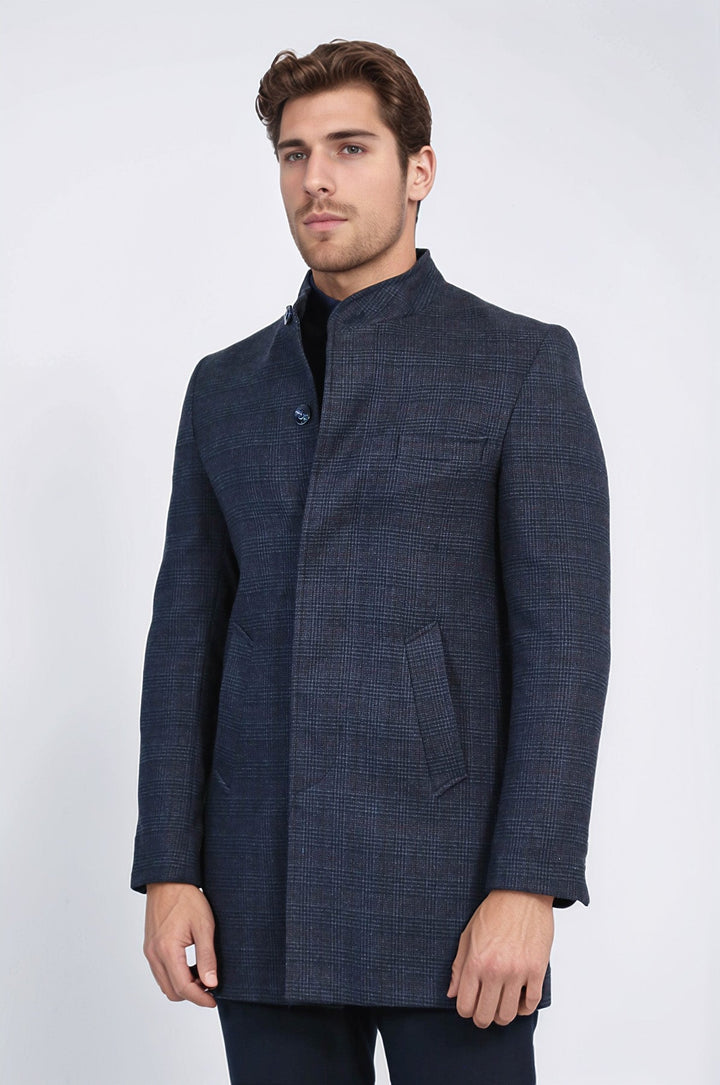 Standing Collar Checked Navy Blue Men Coat - Wessi
