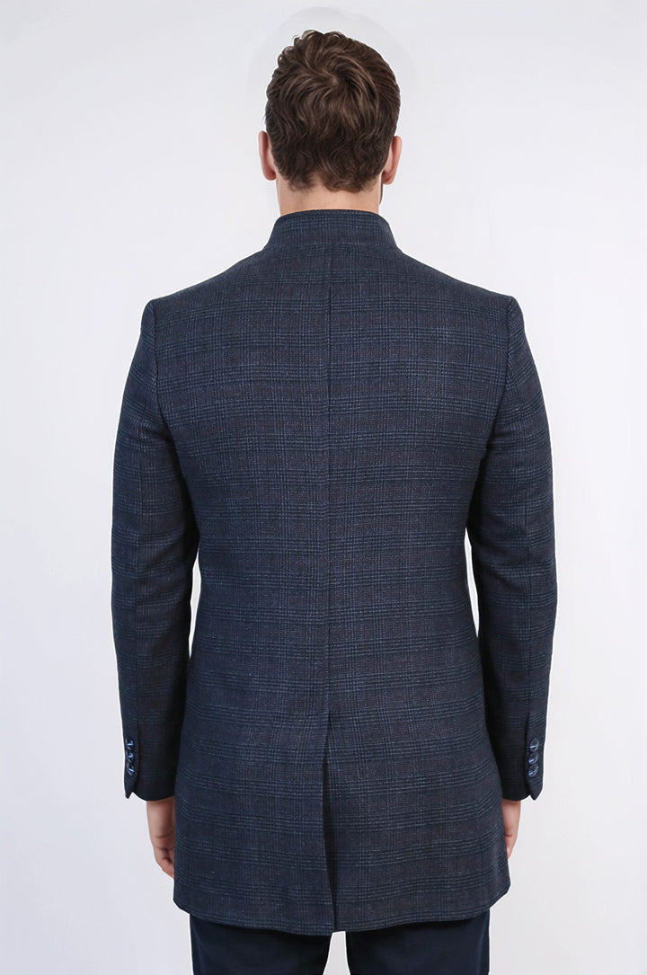 Standing Collar Checked Navy Blue Men Coat - Wessi