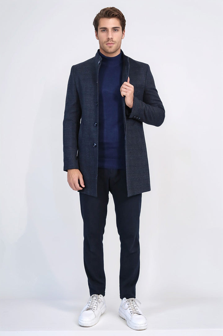 Standing Collar Checked Navy Blue Men Coat - Wessi