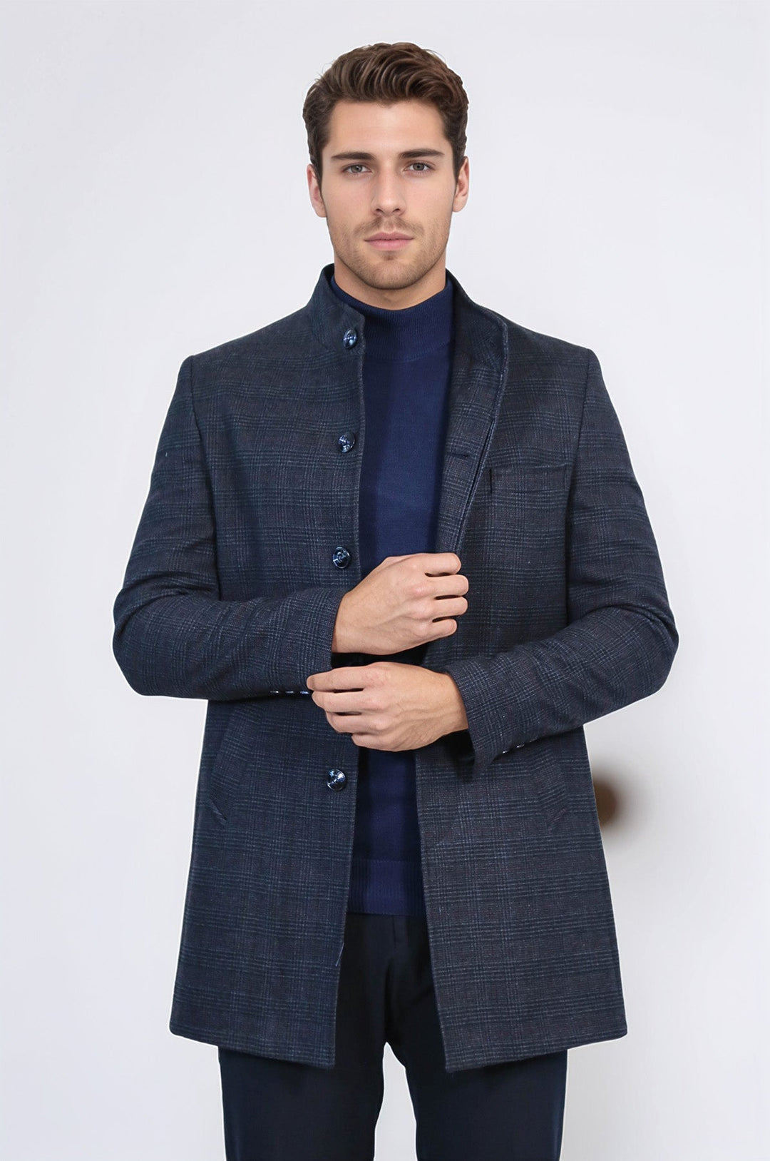 Standing Collar Checked Navy Blue Men Coat - Wessi