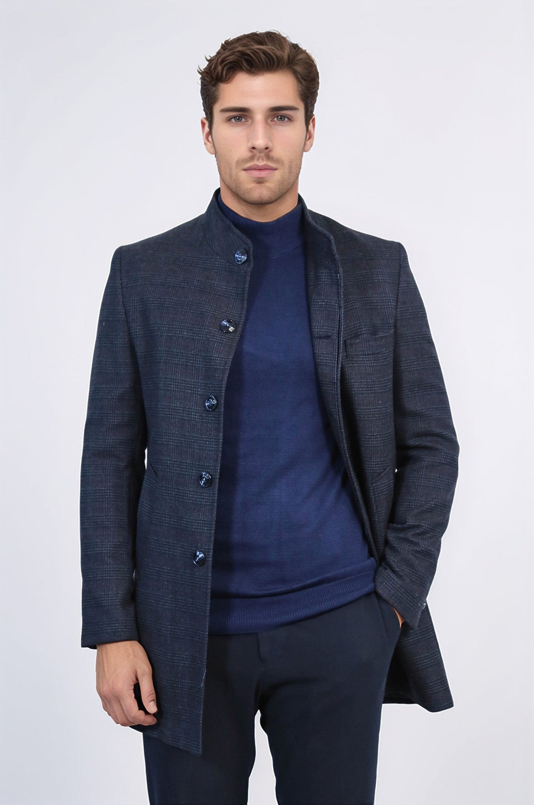 Standing Collar Checked Navy Blue Men Coat - Wessi