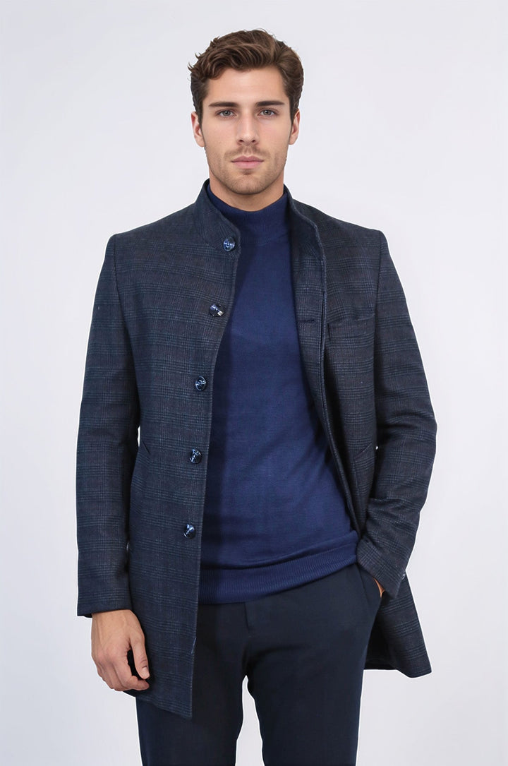 Standing Collar Checked Navy Blue Men Coat - Wessi