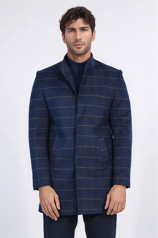 Темно-синее мужское пальто с воротником-стойкой в ​​клетку - Wessi