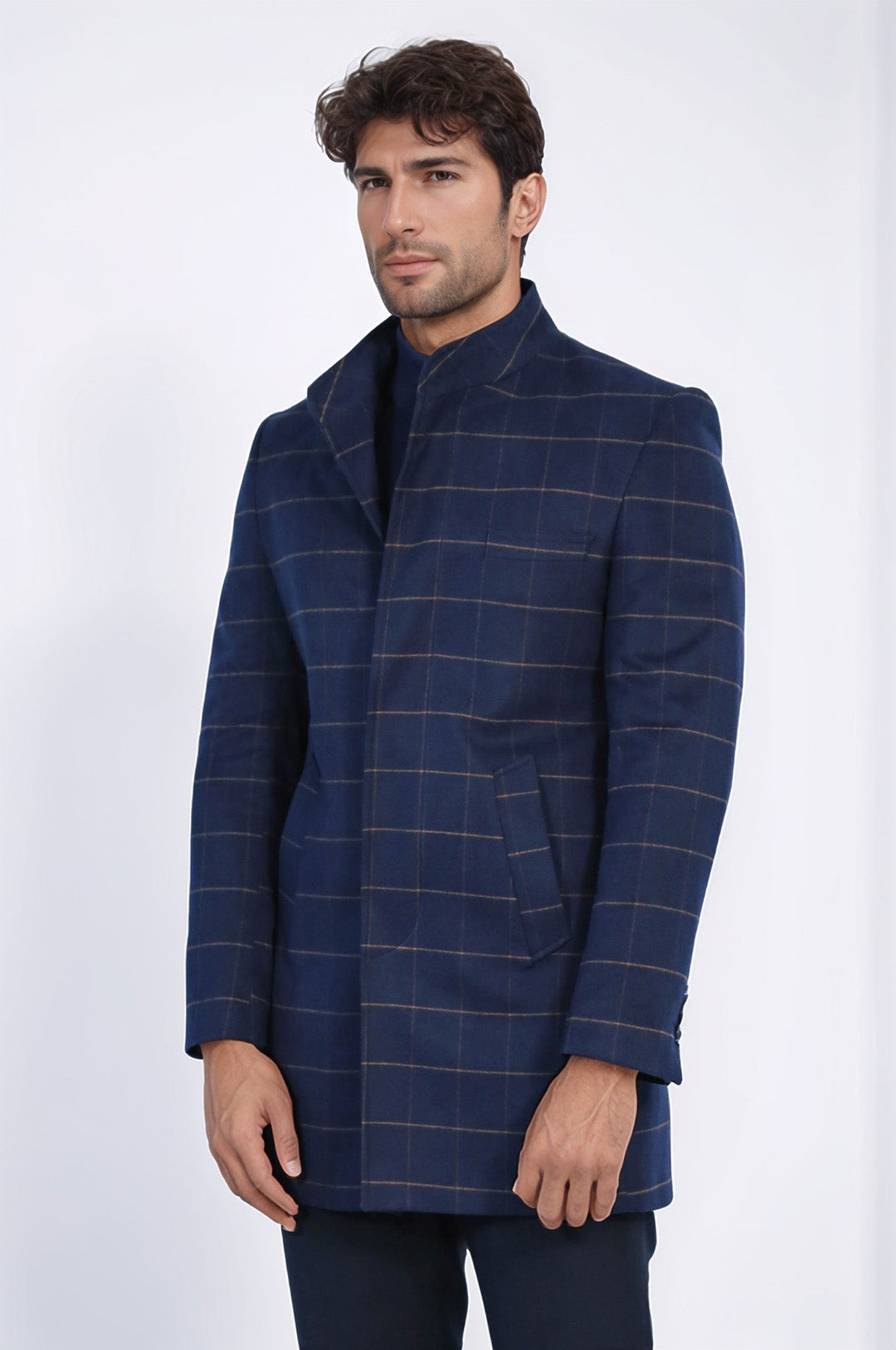 منقوشة الوقوف طوق معطف الرجال الأزرق الداكن - ويسي