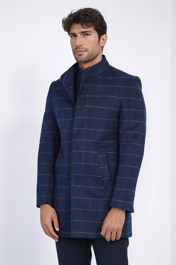 Темно-синее мужское пальто с воротником-стойкой в ​​клетку - Wessi