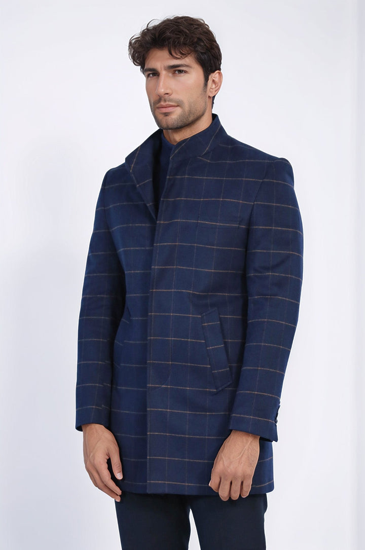 منقوشة الوقوف طوق معطف الرجال الأزرق الداكن - ويسي