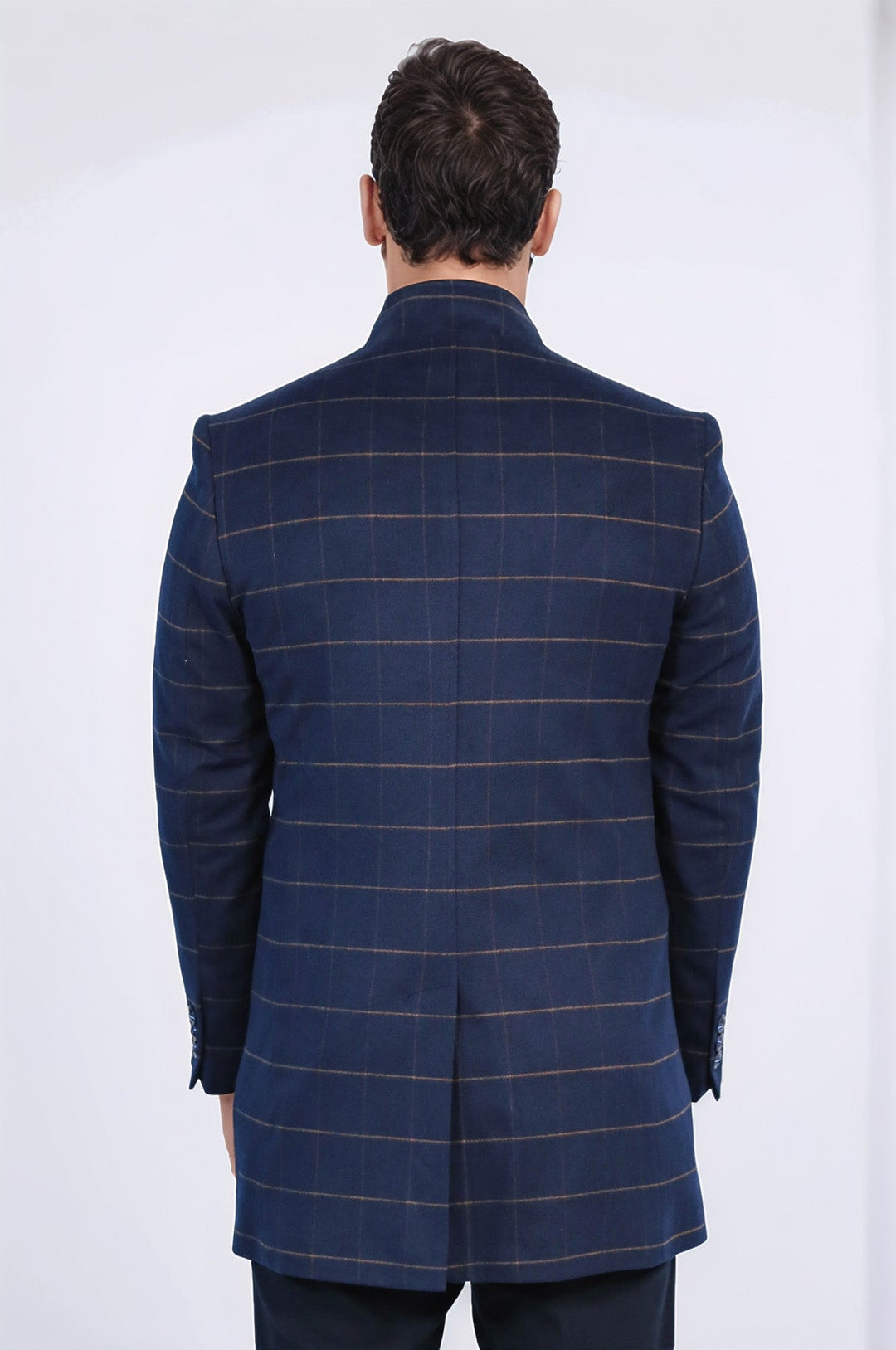 منقوشة الوقوف طوق معطف الرجال الأزرق الداكن - ويسي