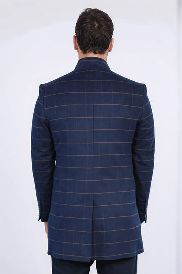 Темно-синее мужское пальто с воротником-стойкой в ​​клетку - Wessi