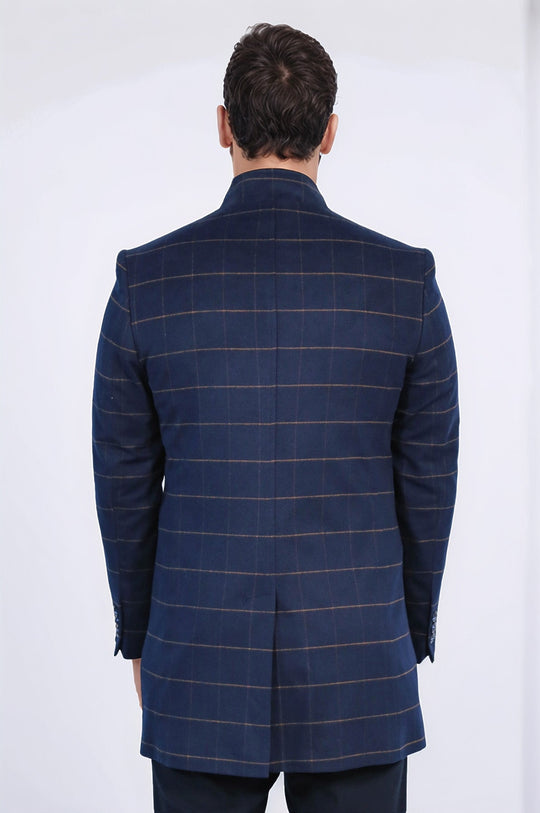 Темно-синее мужское пальто с воротником-стойкой в ​​клетку - Wessi