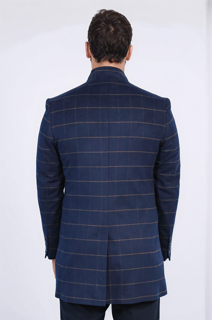 منقوشة الوقوف طوق معطف الرجال الأزرق الداكن - ويسي