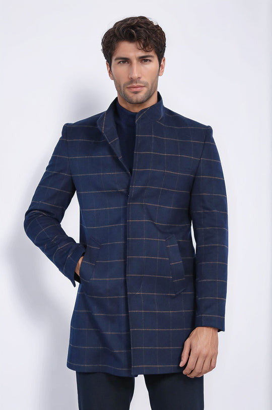 Темно-синее мужское пальто с воротником-стойкой в ​​клетку - Wessi