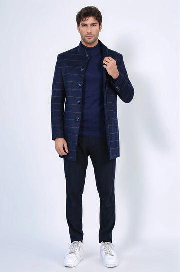 Темно-синее мужское пальто с воротником-стойкой в ​​клетку - Wessi