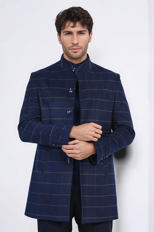 Темно-синее мужское пальто с воротником-стойкой в ​​клетку - Wessi