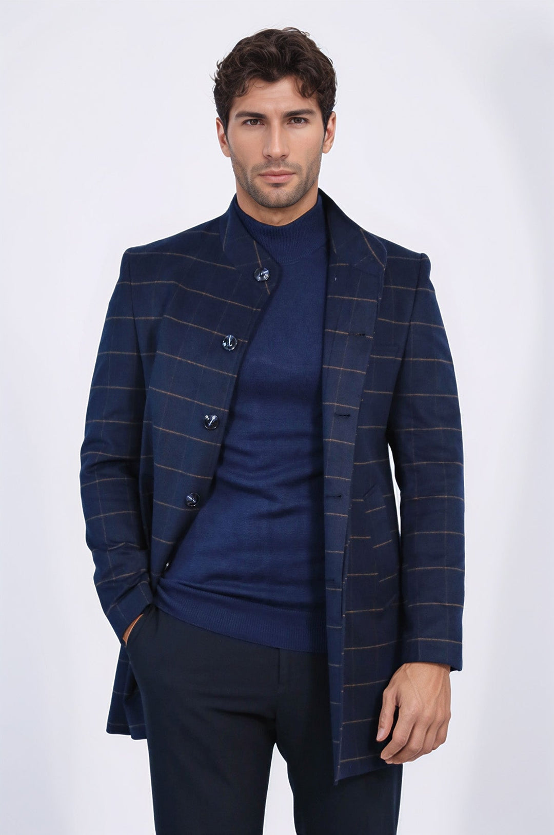 منقوشة الوقوف طوق معطف الرجال الأزرق الداكن - ويسي