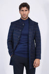 Plaid Standing Collar Navy Blue Men Coat - Wessi