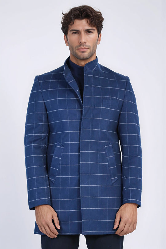 Cappotto da uomo blu scozzese con colletto in piedi - Wessi