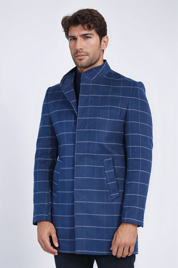 Cappotto da uomo blu scozzese con colletto in piedi - Wessi