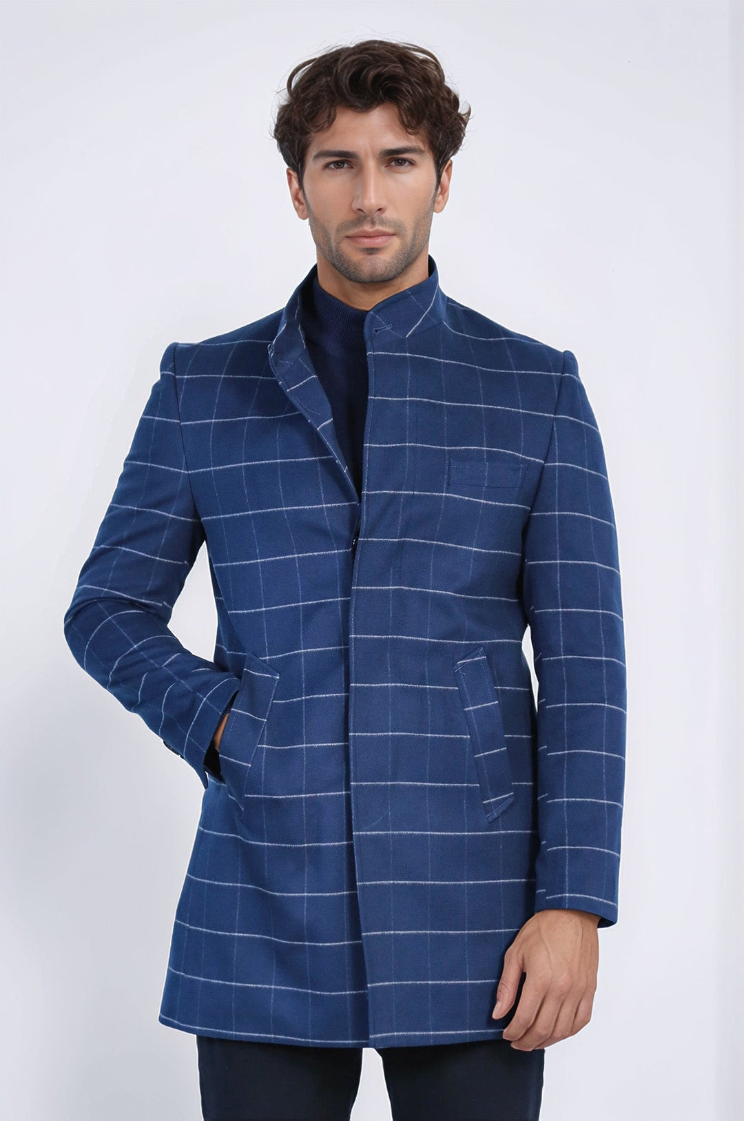 Standing Collar Plaid Blue Men Coat - Wessi