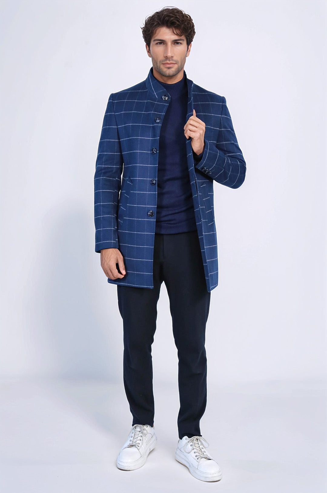 Standing Collar Plaid Blue Men Coat - Wessi