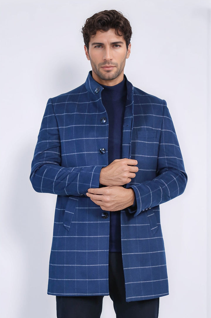 Standing Collar Plaid Blue Men Coat - Wessi