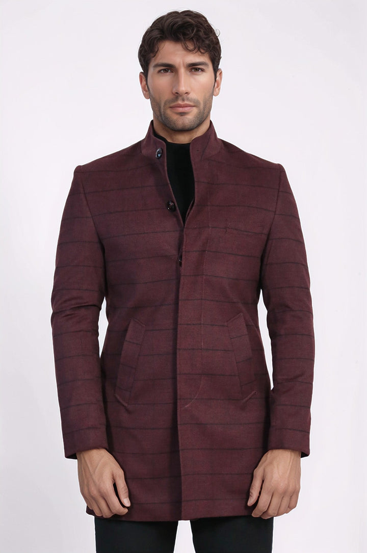 Mandarin Collar Burgundy Checked Coat - Wessi