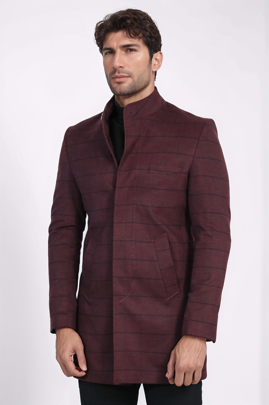 Mandarin Collar Burgundy Checked Coat - Wessi
