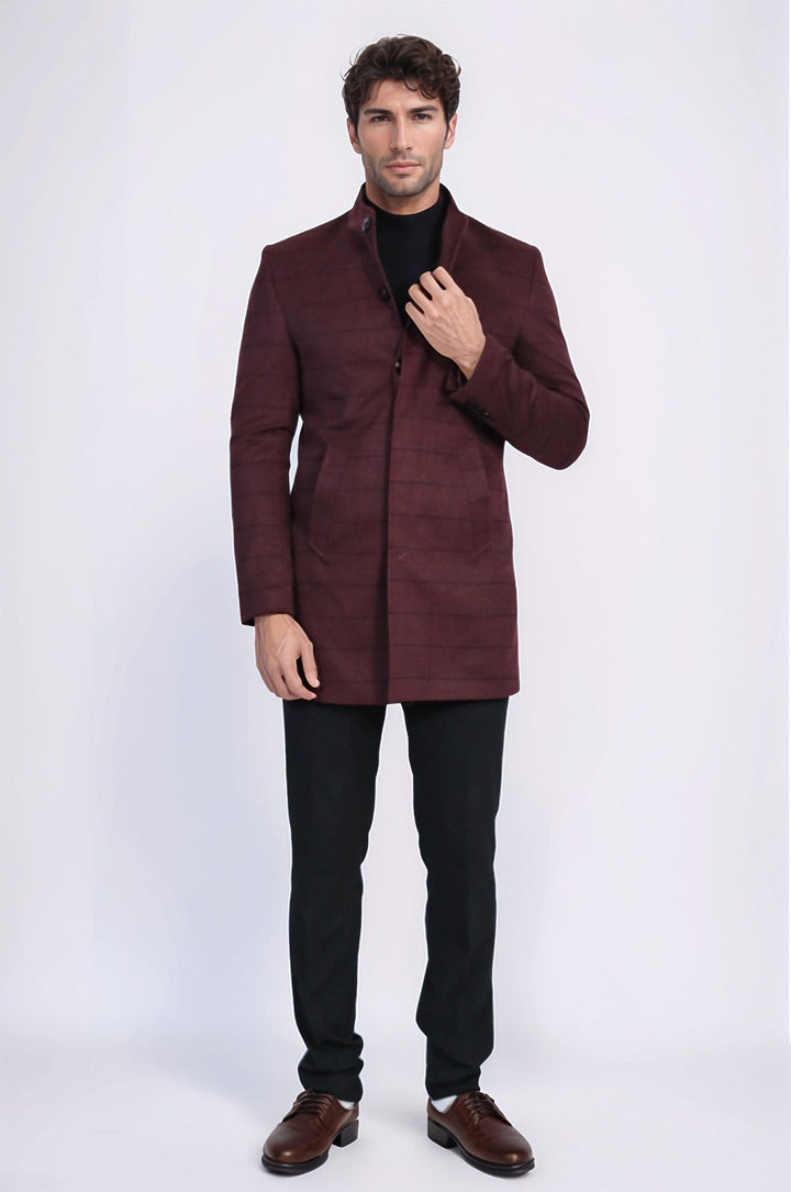Mandarin Collar Burgundy Checked Coat - Wessi