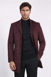 Mandarin Collar Burgundy Checked Coat - Wessi