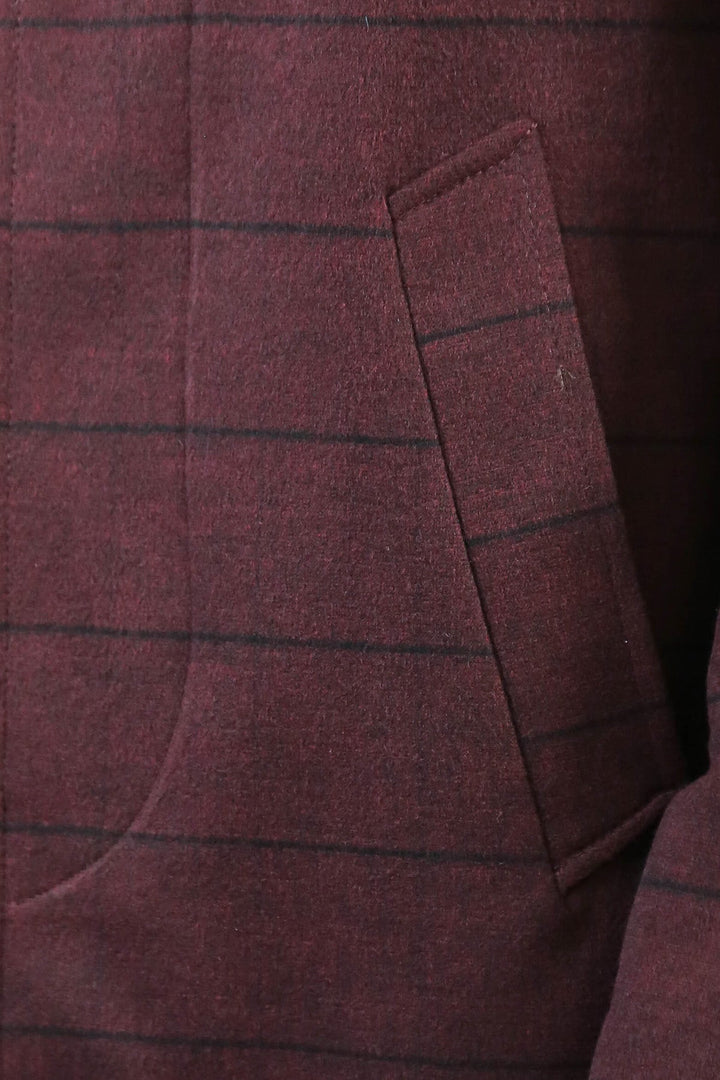 Mandarin Collar Burgundy Checked Coat - Wessi