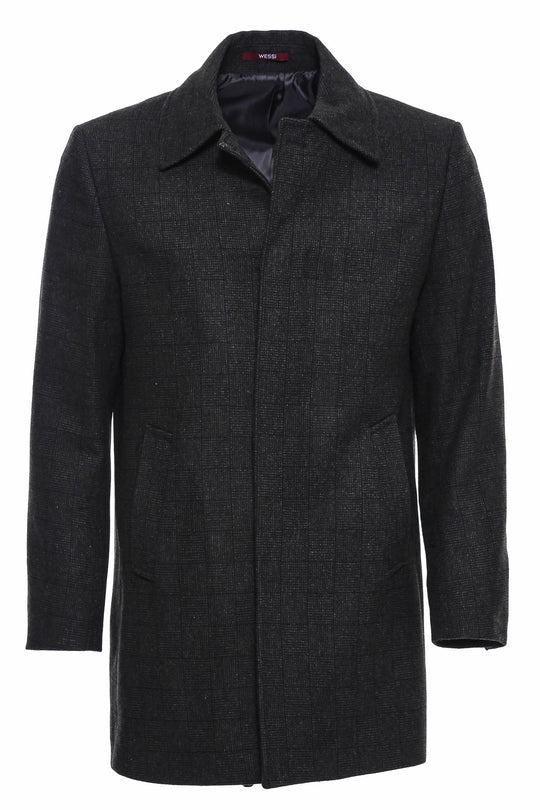 Black Hidden Button Peak Lapel Coat - Wessi