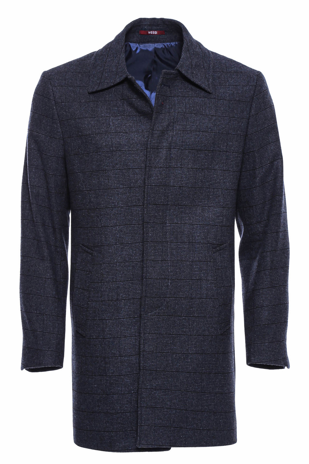 Navy Checked Hidden Button Peak Lapel Coat - Wessi