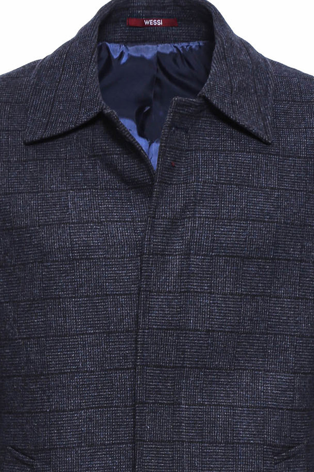 Navy Checked Hidden Button Peak Lapel Coat - Wessi