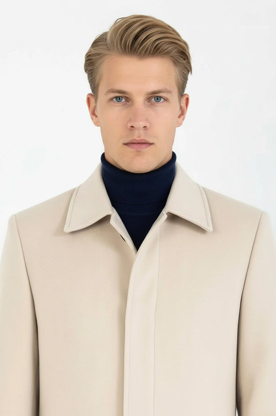 Plain Hidden Button Beige Men Coat - Wessi Plain Hidden Button Beige Men Coat - Wessi
