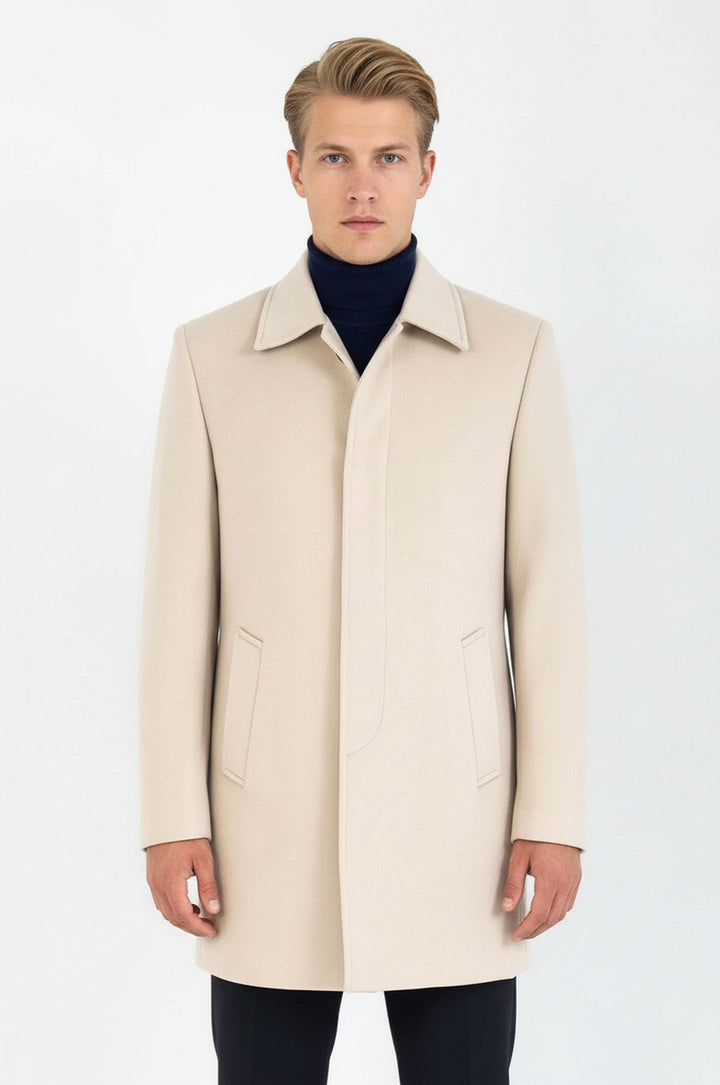 Plain Hidden Button Beige Men Coat - Wessi