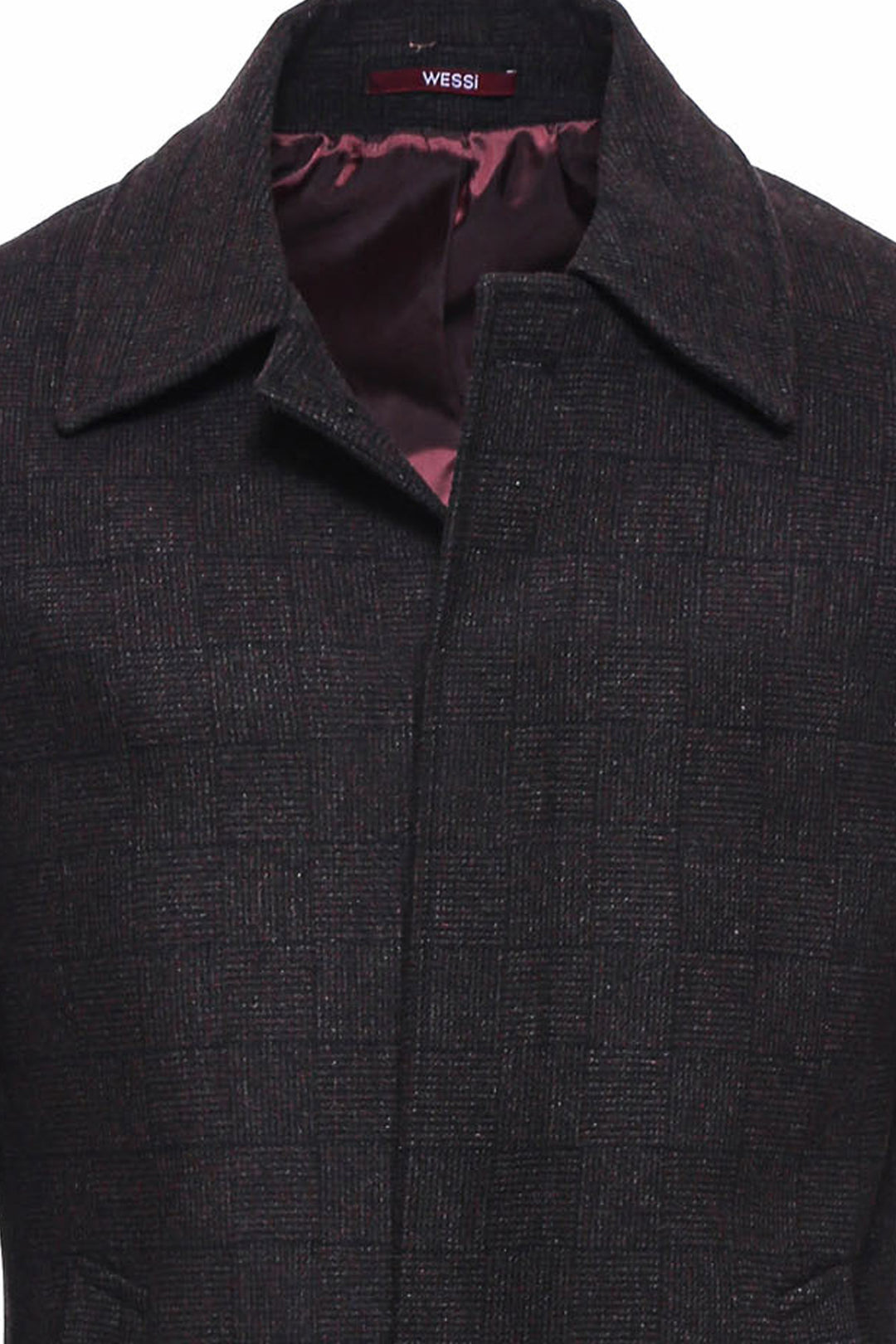 Burgundy Checked Hidden Button Peak Lapel Coat - Wessi