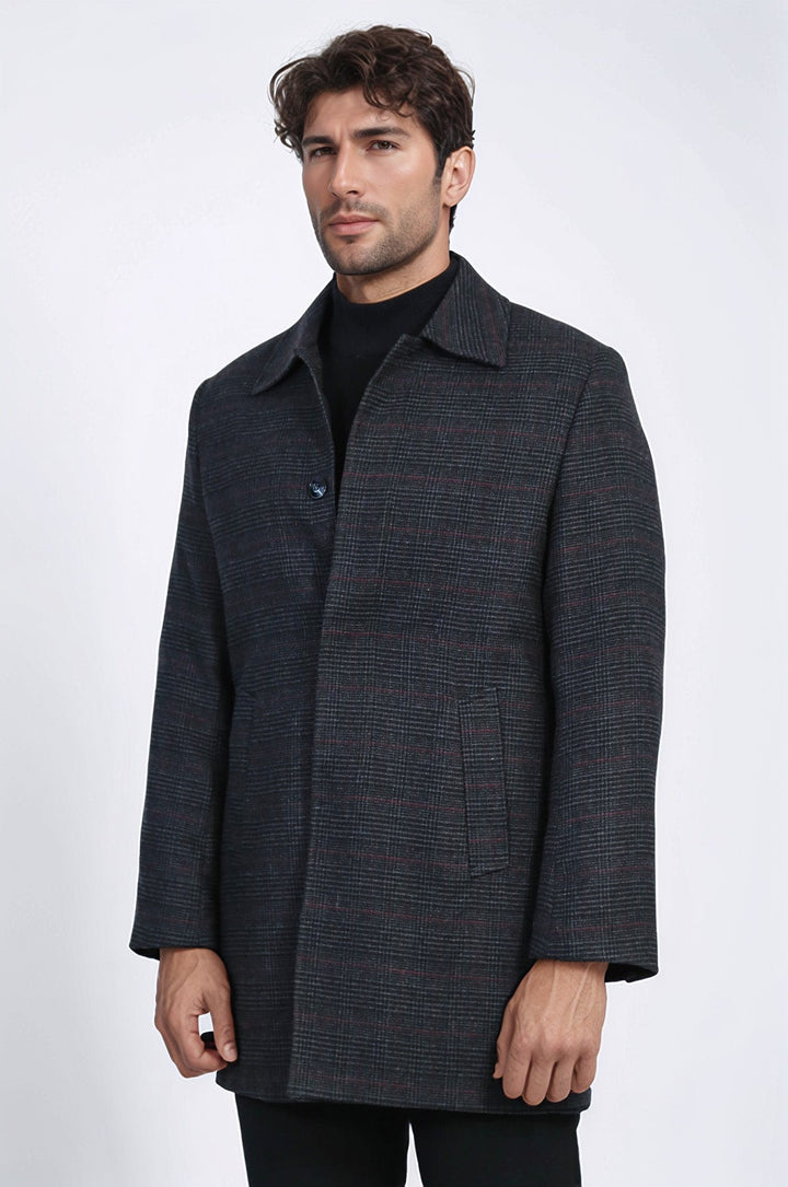 Black Hidden Button Peak Lapel Coat - Wessi