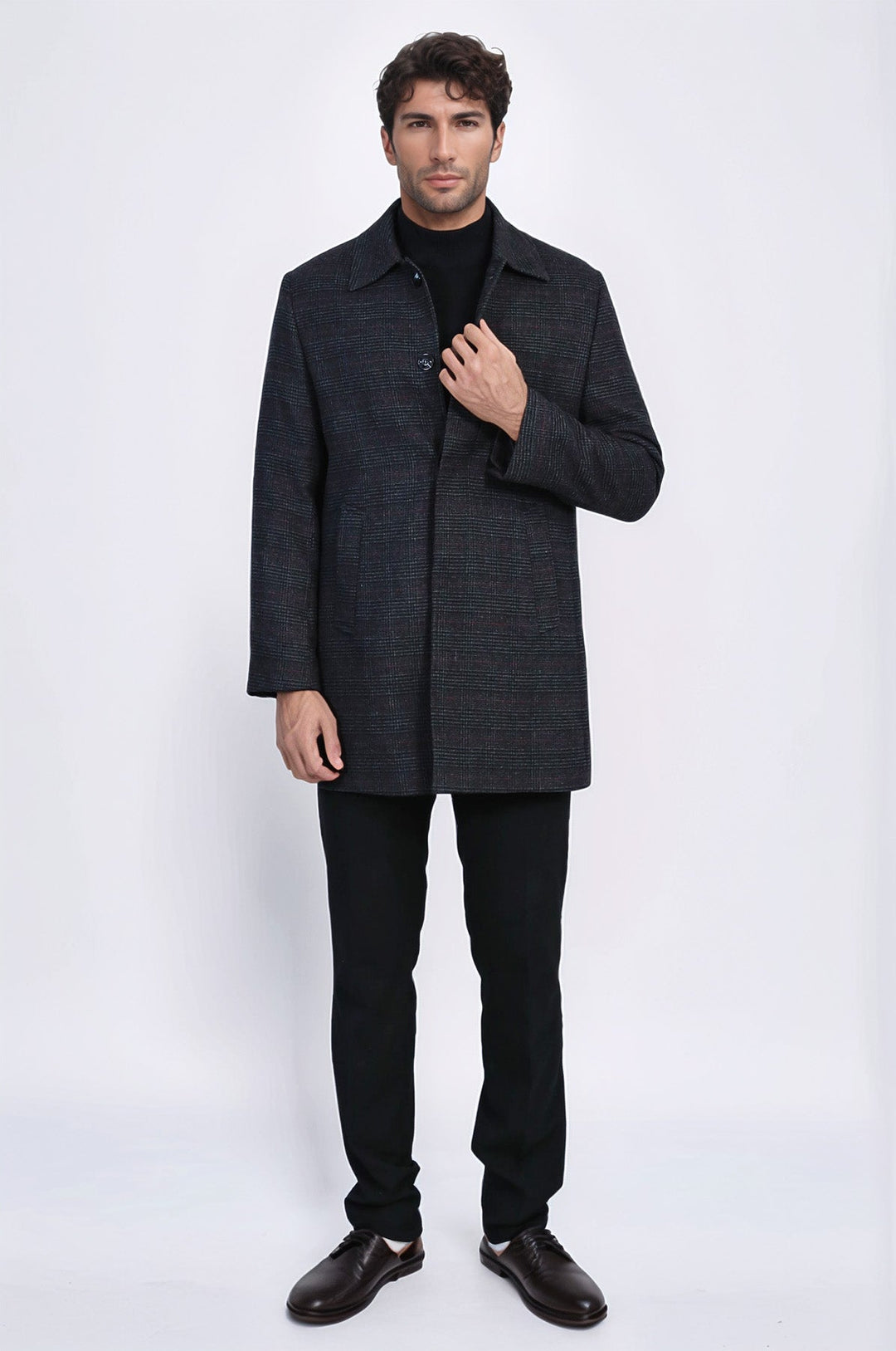 Black Hidden Button Peak Lapel Coat - Wessi