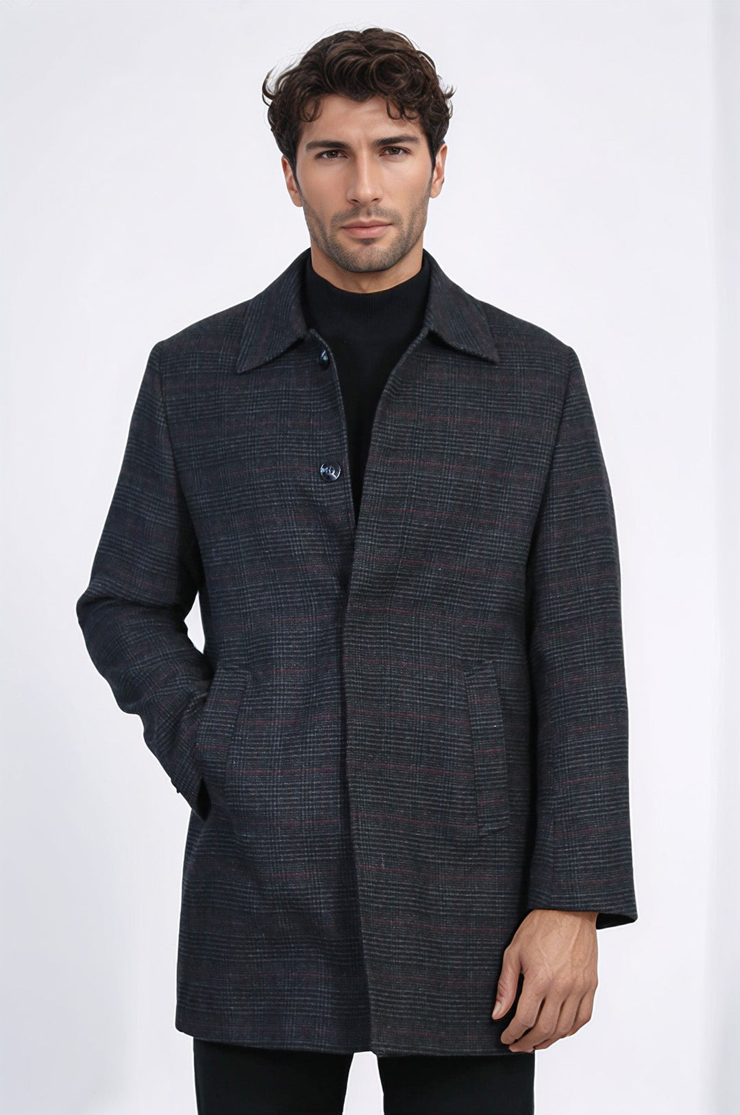 Black Hidden Button Peak Lapel Coat - Wessi