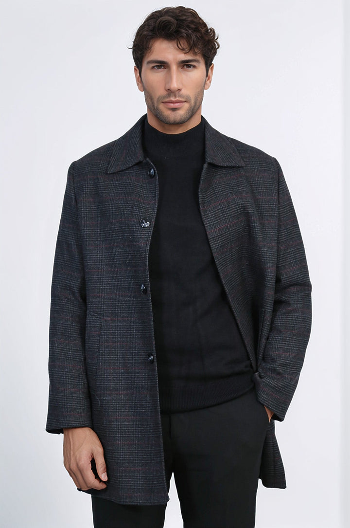 Black Hidden Button Peak Lapel Coat - Wessi