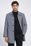 Grey Checked Hidden Button Peak Lapel Coat - Wessi