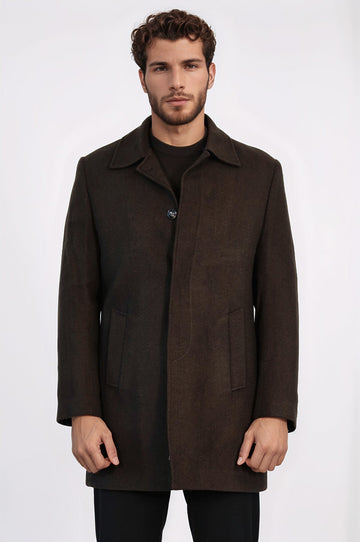 Brown Hidden Button Peak Lapel Coat - Wessi