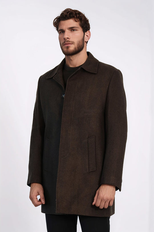 Brown Hidden Button Peak Lapel Coat - Wessi