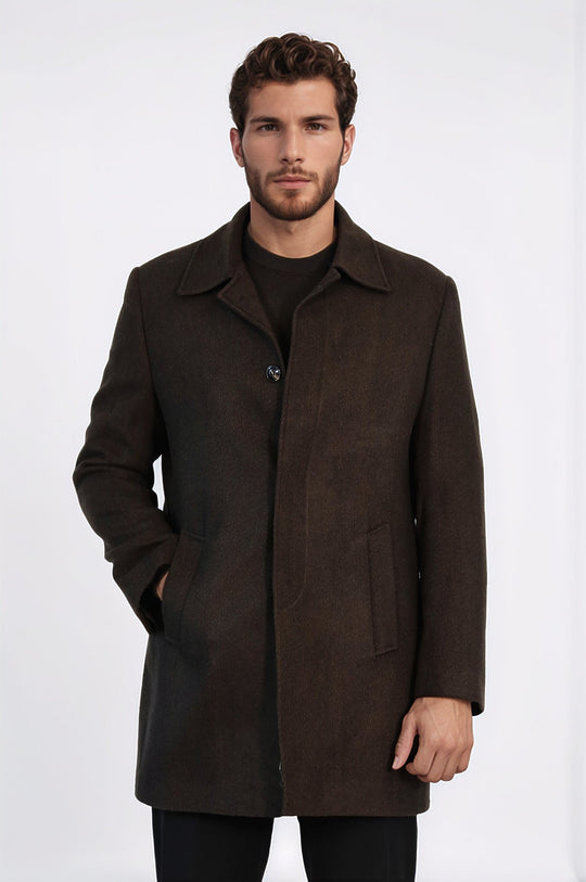 Brown Hidden Button Peak Lapel Coat - Wessi