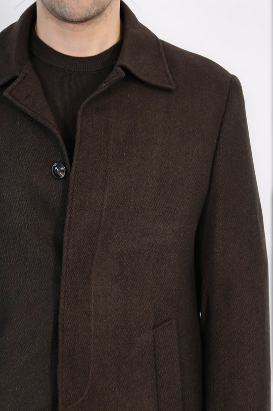 Brown Hidden Button Peak Lapel Coat - Wessi